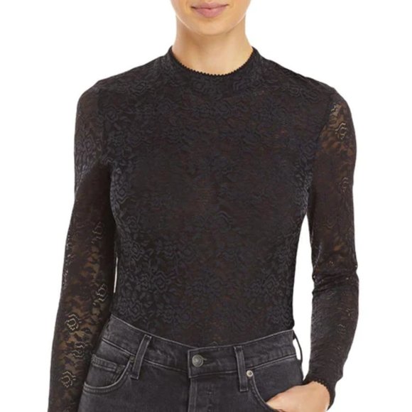 JONATHAN SIMKHAI Stretch Lace Bodysuit Long Sleeves in Semi Sheer Black Sz Small - Picture 4 of 11
